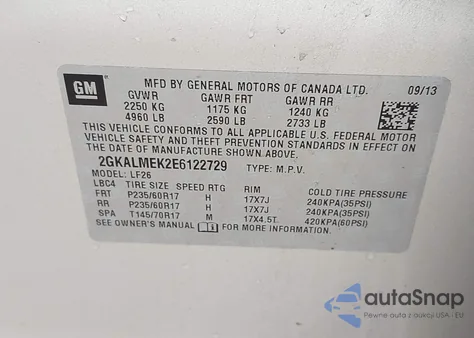2014 GMC Terrain Sle-1 z USA, uszkodzony, nr VIN 2GKALMEK2E6122729
